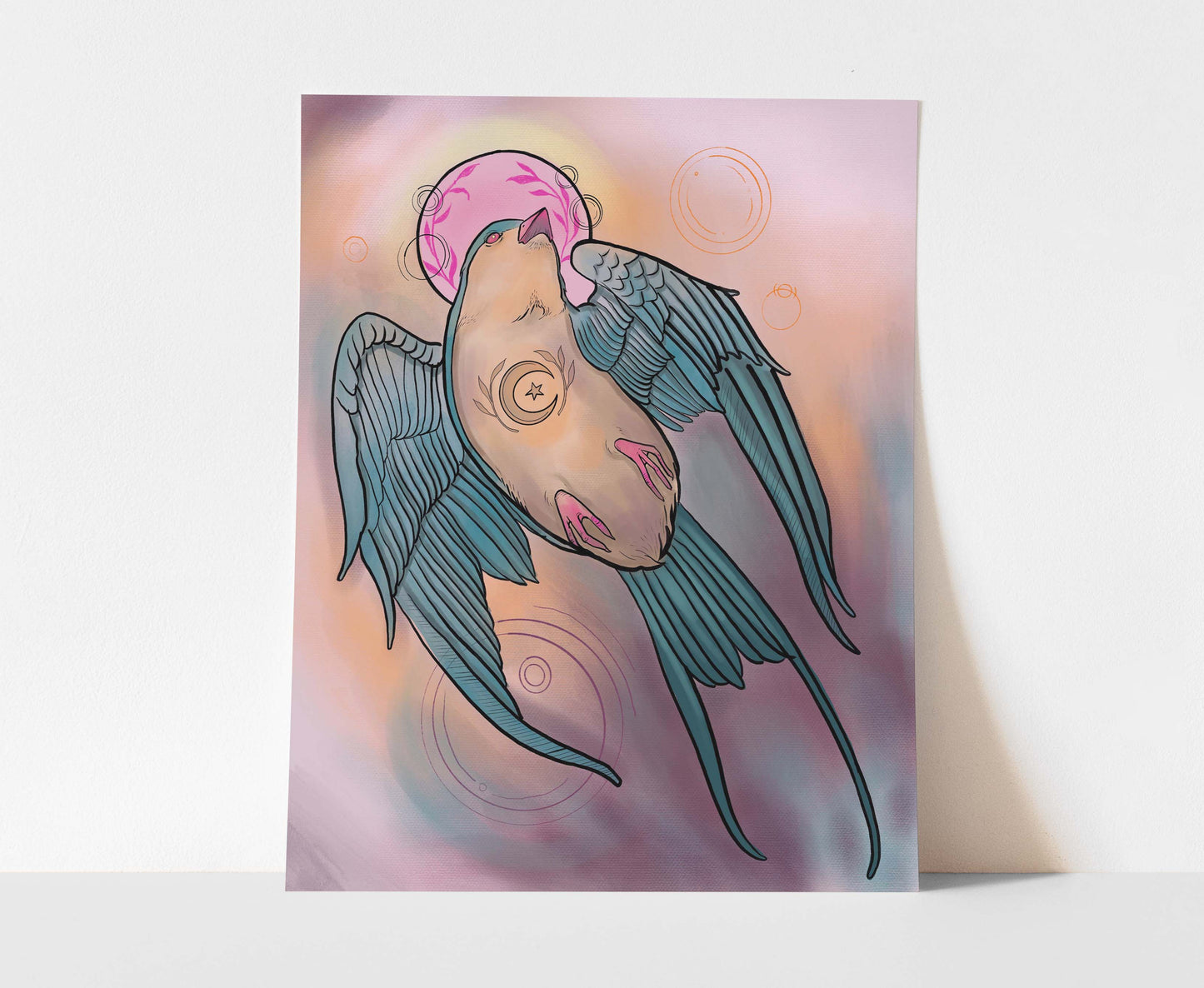 Celestial Swallow – Digital Art Print | Mystical Bird Illustration with Moon & Star Symbol | Available in 5x7, 8x10, 11x14