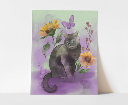 Mystical Black Cat with Sunflowers – Digital Art Print | Whimsical Cat & Butterfly Wall Decor | Available in 5x7, 8x10, 11x14