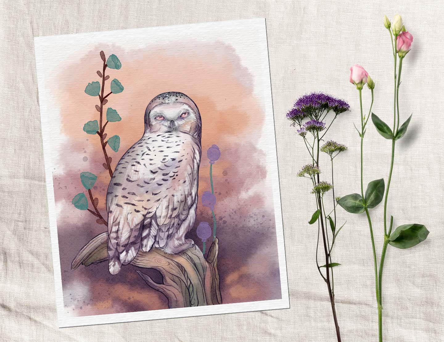Snowy Owl Watcher – Digital Art Print | Mystical Owl Illustration with Sunset Tones | Available in 5x7, 8x10, 11x14