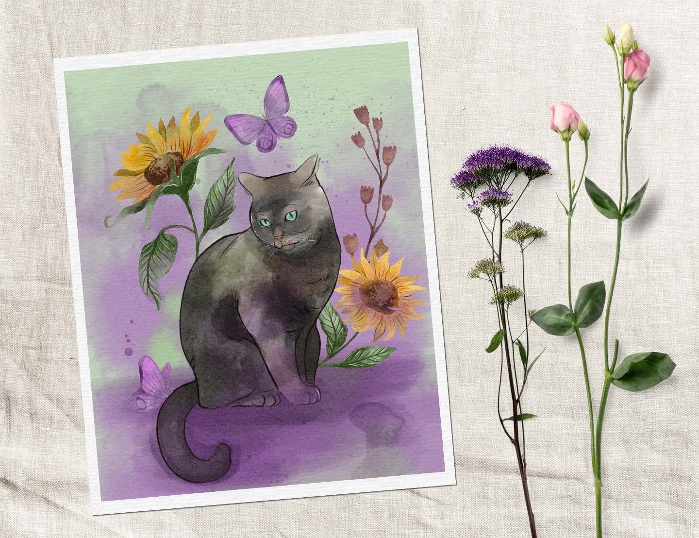 Mystical Black Cat with Sunflowers – Digital Art Print | Whimsical Cat & Butterfly Wall Decor | Available in 5x7, 8x10, 11x14