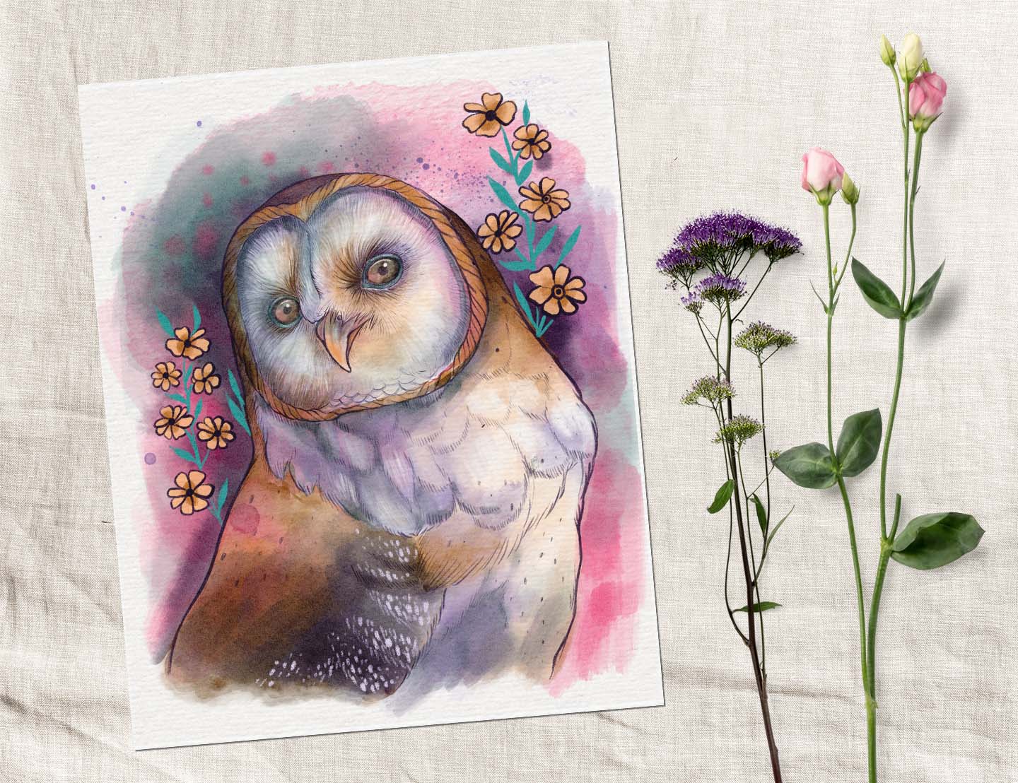 Whimsical Barn Owl – Digital Art Print | Floral Owl Portrait Wall Art | Available in 5x7, 8x10, 11x14