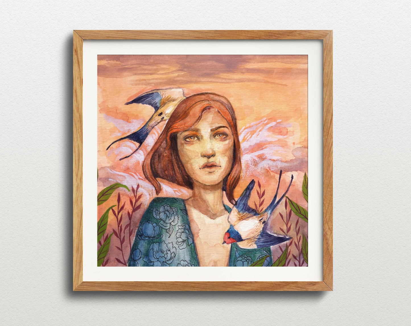 Woman with Swallows birds– Watercolor Art Print | Emotional Portrait with Birds & Floral Kimono | Available in 5x7, 8x10, 11x14
