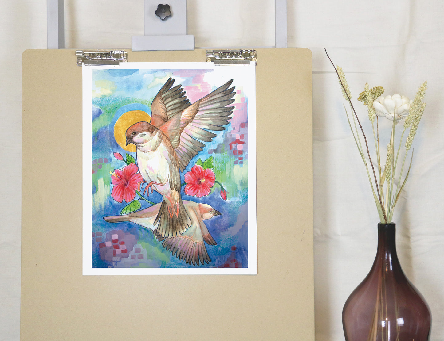 Hibiscus Flight – Watercolor Art Print | Colorful Birds with Tropical Flowers | Available in 5x7, 8x10, 11x14