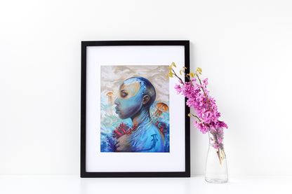 Waives of thoughts– Surreal Acrylic Art Print | Afro Futurism Water Element Portrait | Available in 5x7, 8x10, 11x14