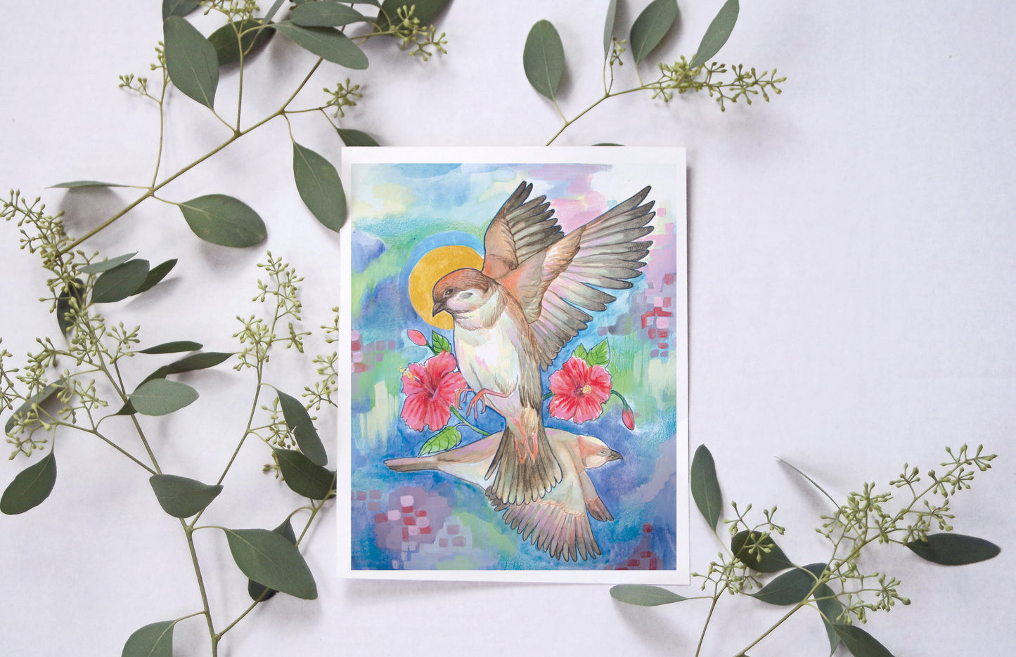 Hibiscus Flight – Watercolor Art Print | Colorful Birds with Tropical Flowers | Available in 5x7, 8x10, 11x14