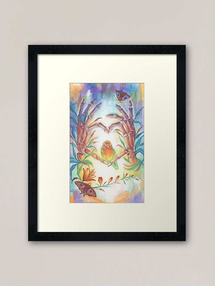 Skeleton Hands Heart with Lovebird – Watercolor Art Print | 5x7 Anatomical Nature Wall Art | Romantic Surreal Decor